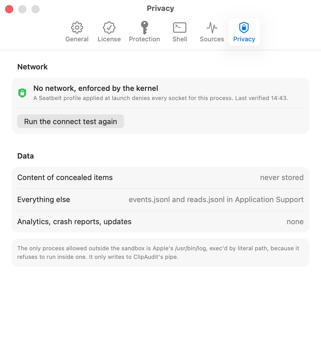 Privacy settings showing the kernel-enforced network lockdown and its live connection test.
